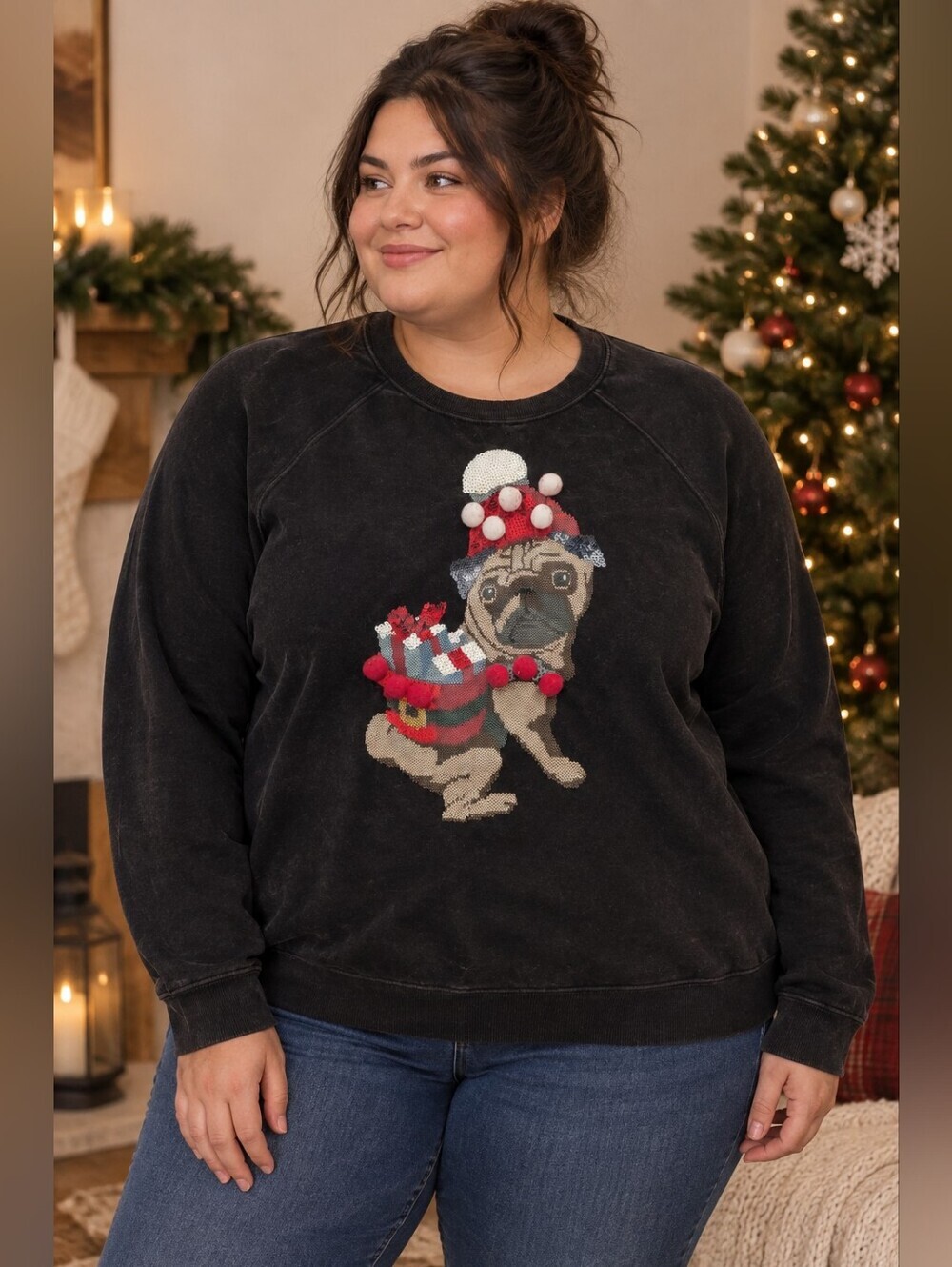 Torrid Plus Size 1 Black Christmas Sequin Santa Pug Dog Pom Pom Fleece Sweater